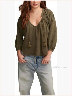 Lucky Brand Women's Knit Peasant Blouse with Tassel Ties